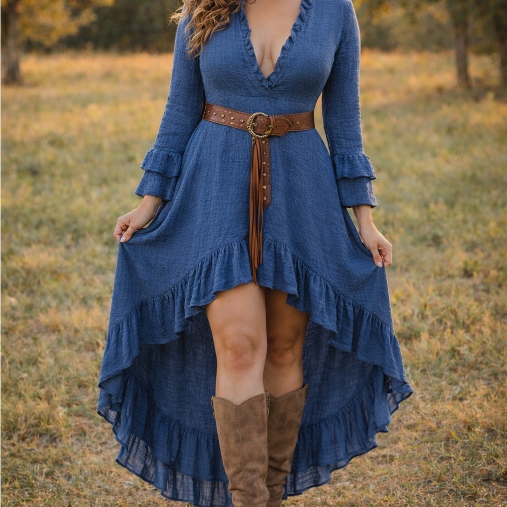 Blue Ruffle Lace Up Boho Maxi Dress L XL Cottagecore